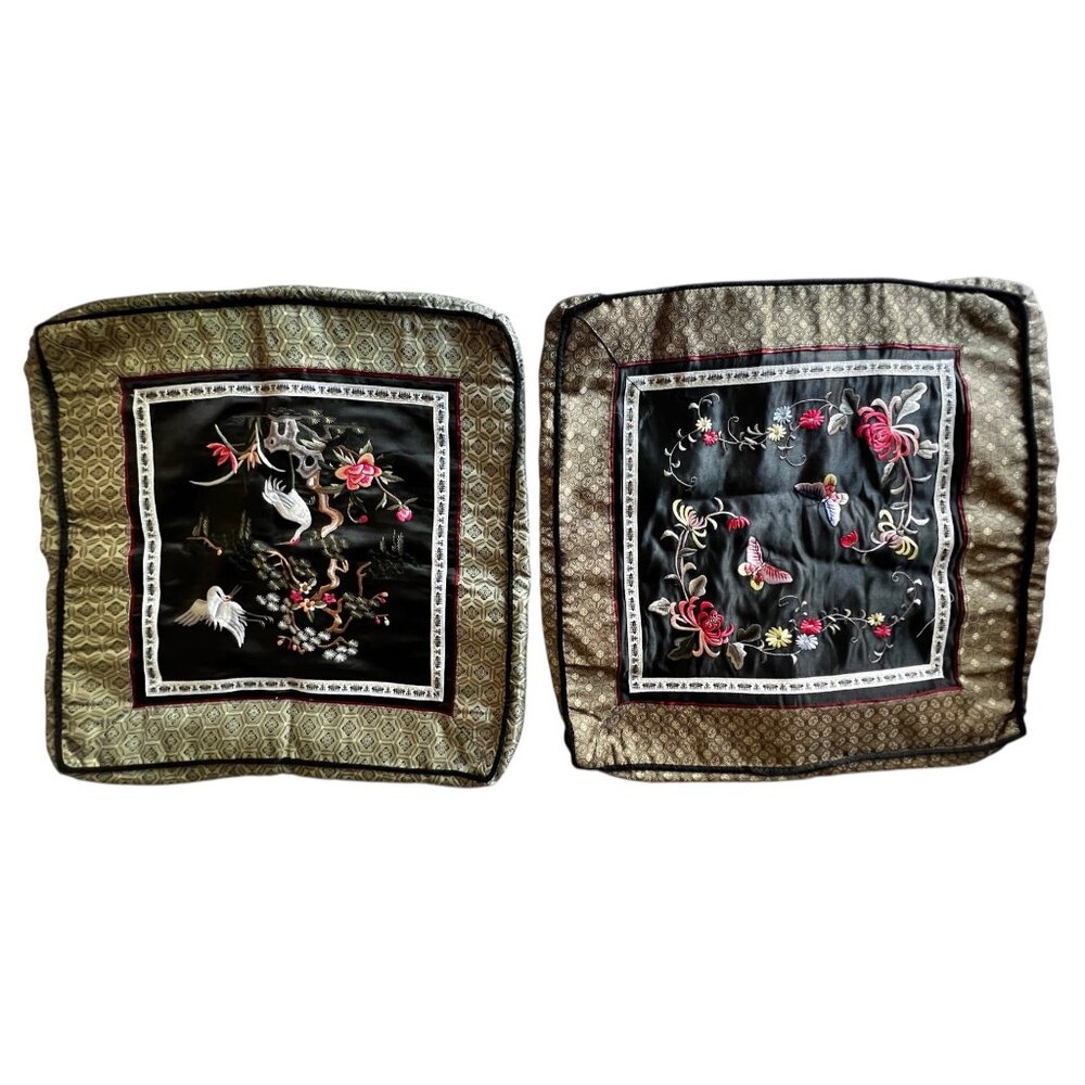 Two 16" x 16" Embroidered 100% Silk Cushion Covers Crane & Floral Designs